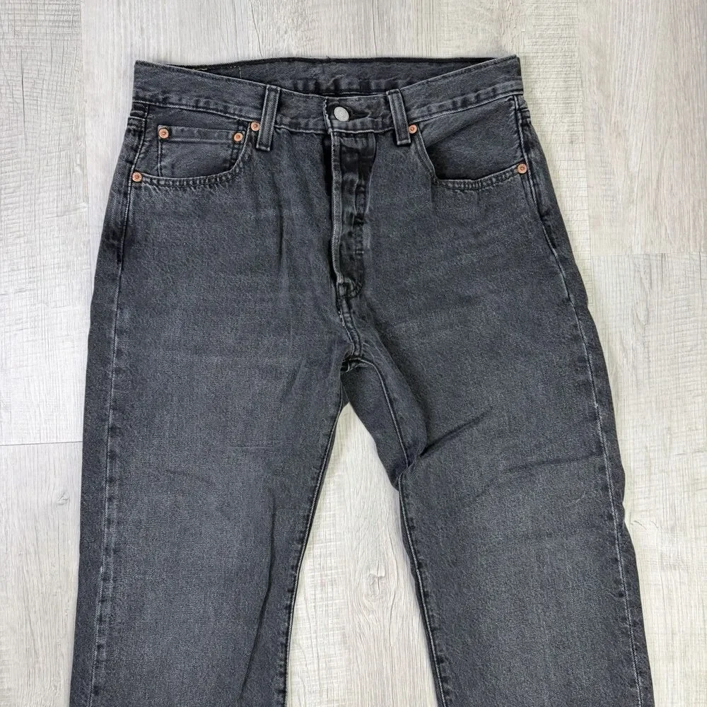 Levis Jeans Mens 33x32 Black 501 Straight Button Fly Western Distressed Denim N - Picture 3 of 13